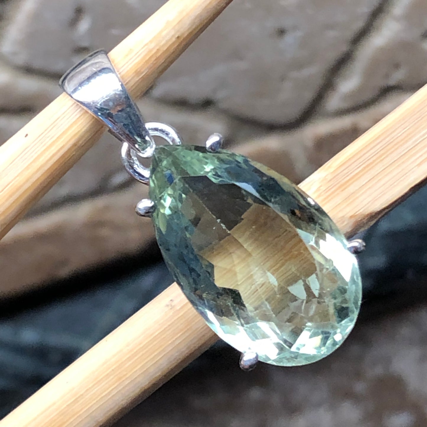 Natural 14ct Green Amethyst 925 Solid Sterling Silver Pendant 25mm - Natural Rocks by Kala