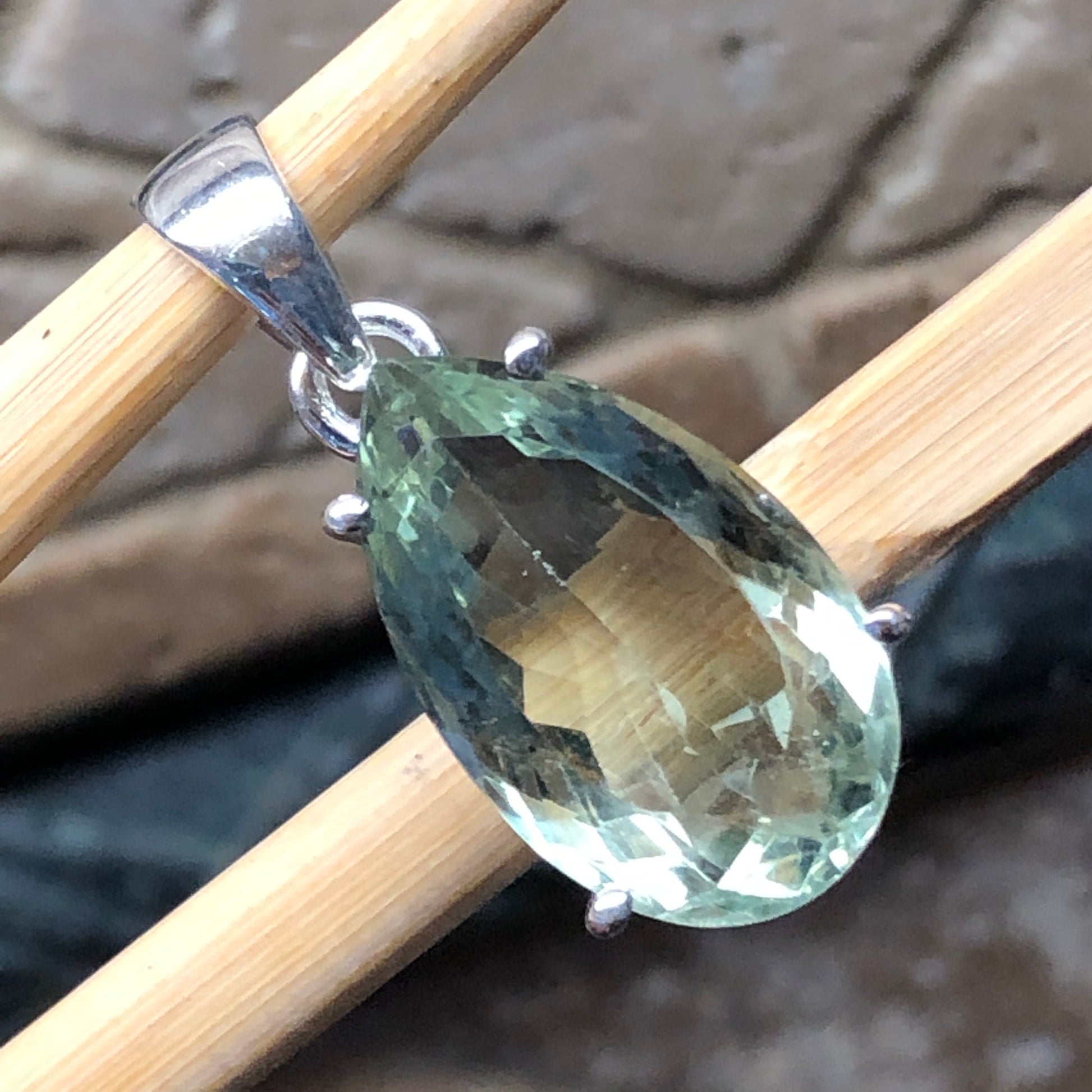 Natural 14ct Green Amethyst 925 Solid Sterling Silver Pendant 25mm - Natural Rocks by Kala