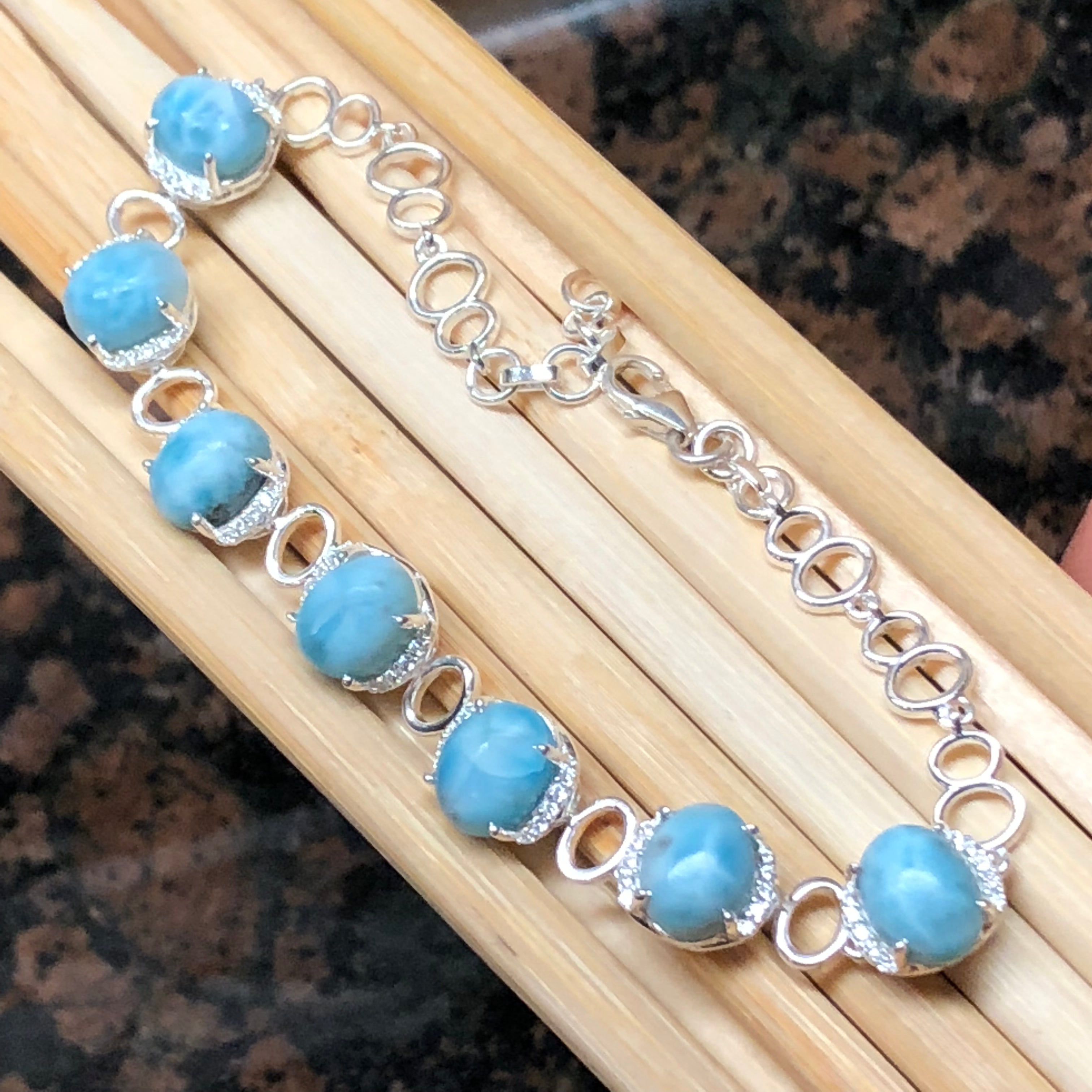 Natural Dominican Larimar, White Sapphire 925 Solid Sterling Silver Bracelets 7 1/2 inches - Natural Rocks by Kala