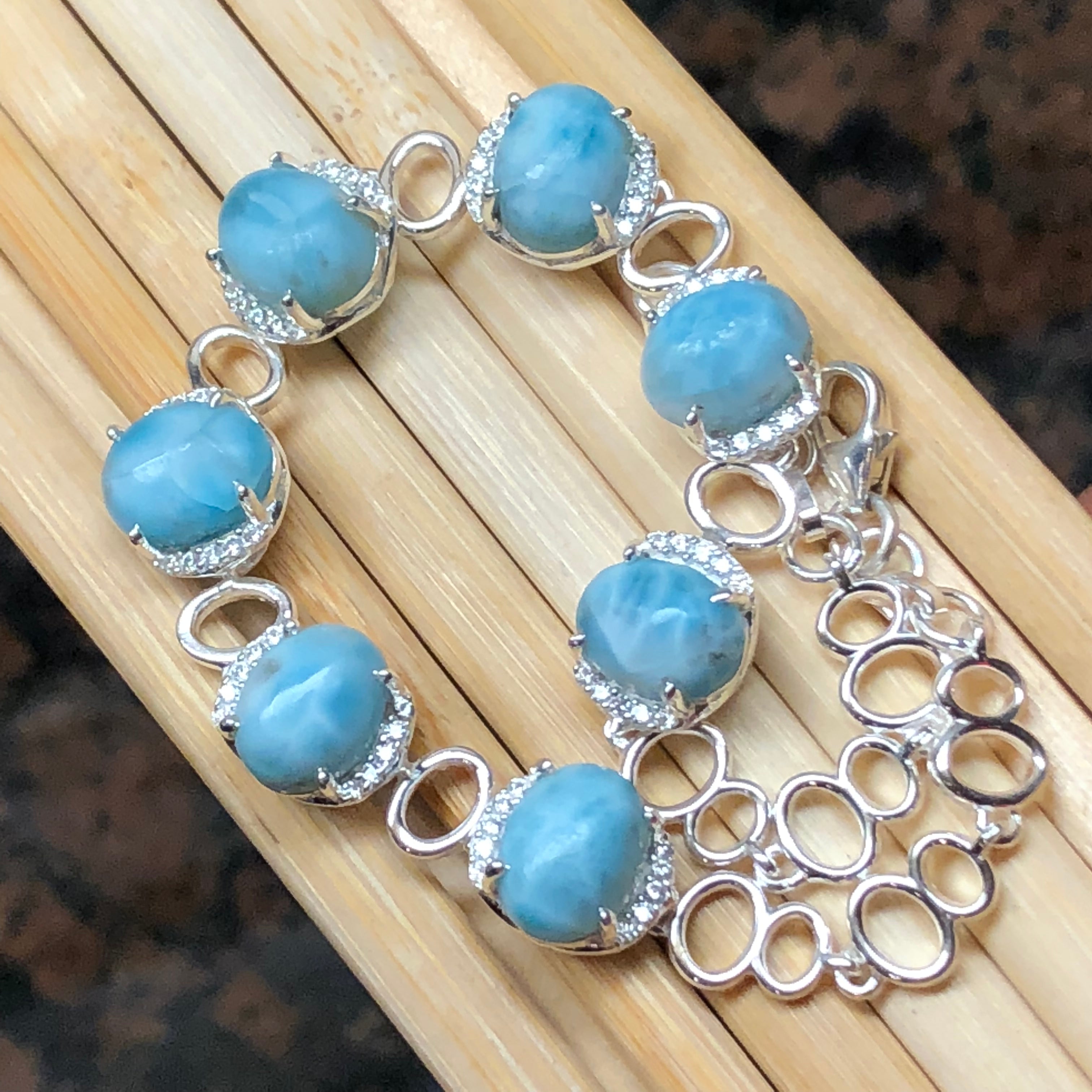 Natural Dominican Larimar, White Sapphire 925 Solid Sterling Silver Bracelets 7 1/2 inches - Natural Rocks by Kala