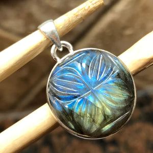 Natural Labradorite 925 Solid Sterling Silver Handcarved Pendant 30mm - Natural Rocks by Kala