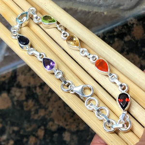 Natural Garnet, Carnelian, Citrine, Peridot 925 Solid Sterling Silver 7-Chakra Bracelet 7" - Natural Rocks by Kala