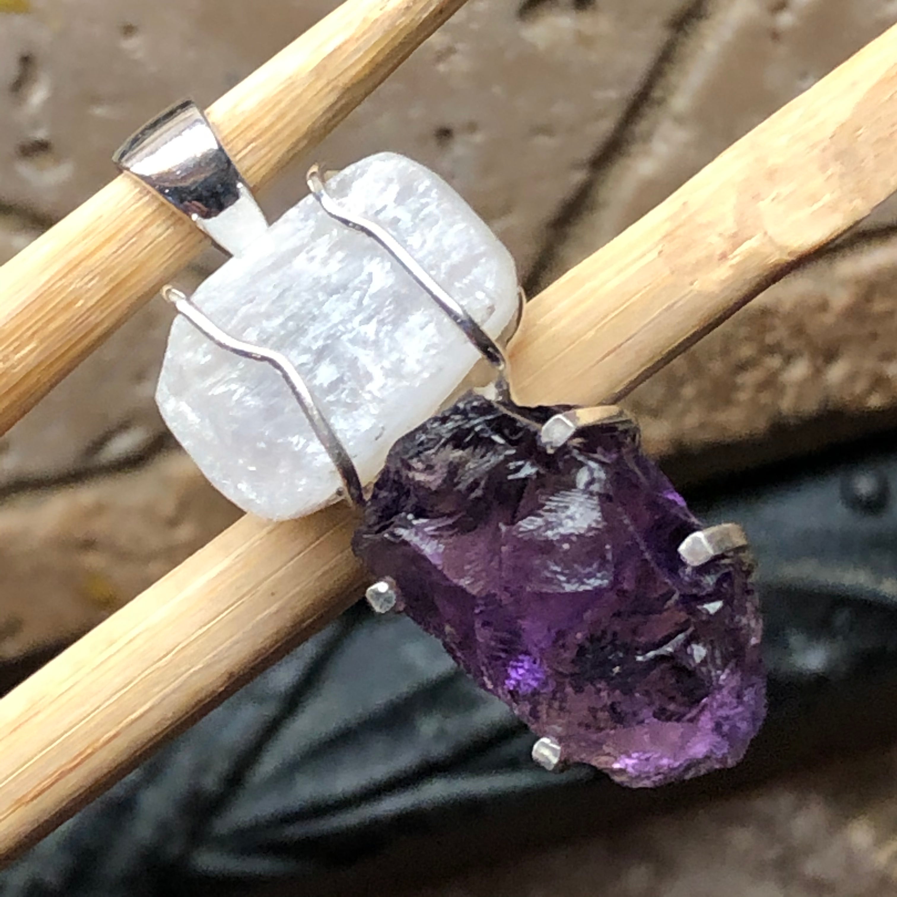 Natural Cluster Amethyst, Rainbow Moonstone 925 Solid Sterling Silver Pendant 40mm - Natural Rocks by Kala