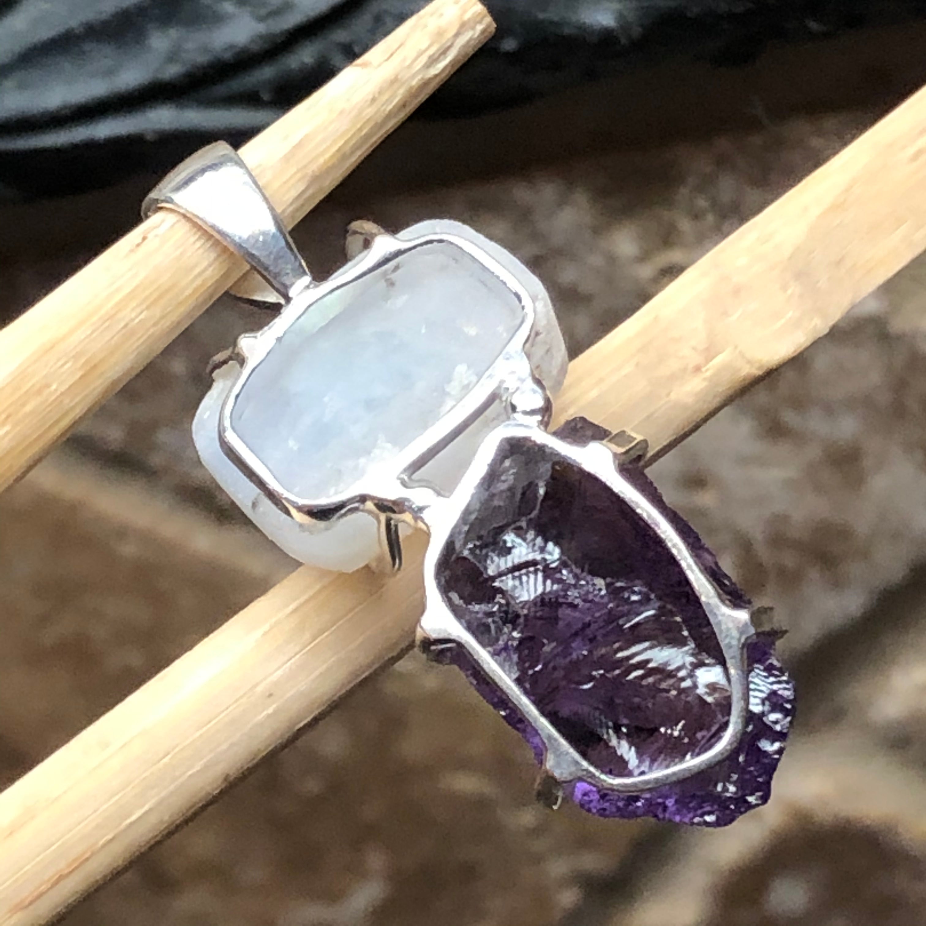 Natural Cluster Amethyst, Rainbow Moonstone 925 Solid Sterling Silver Pendant 40mm - Natural Rocks by Kala