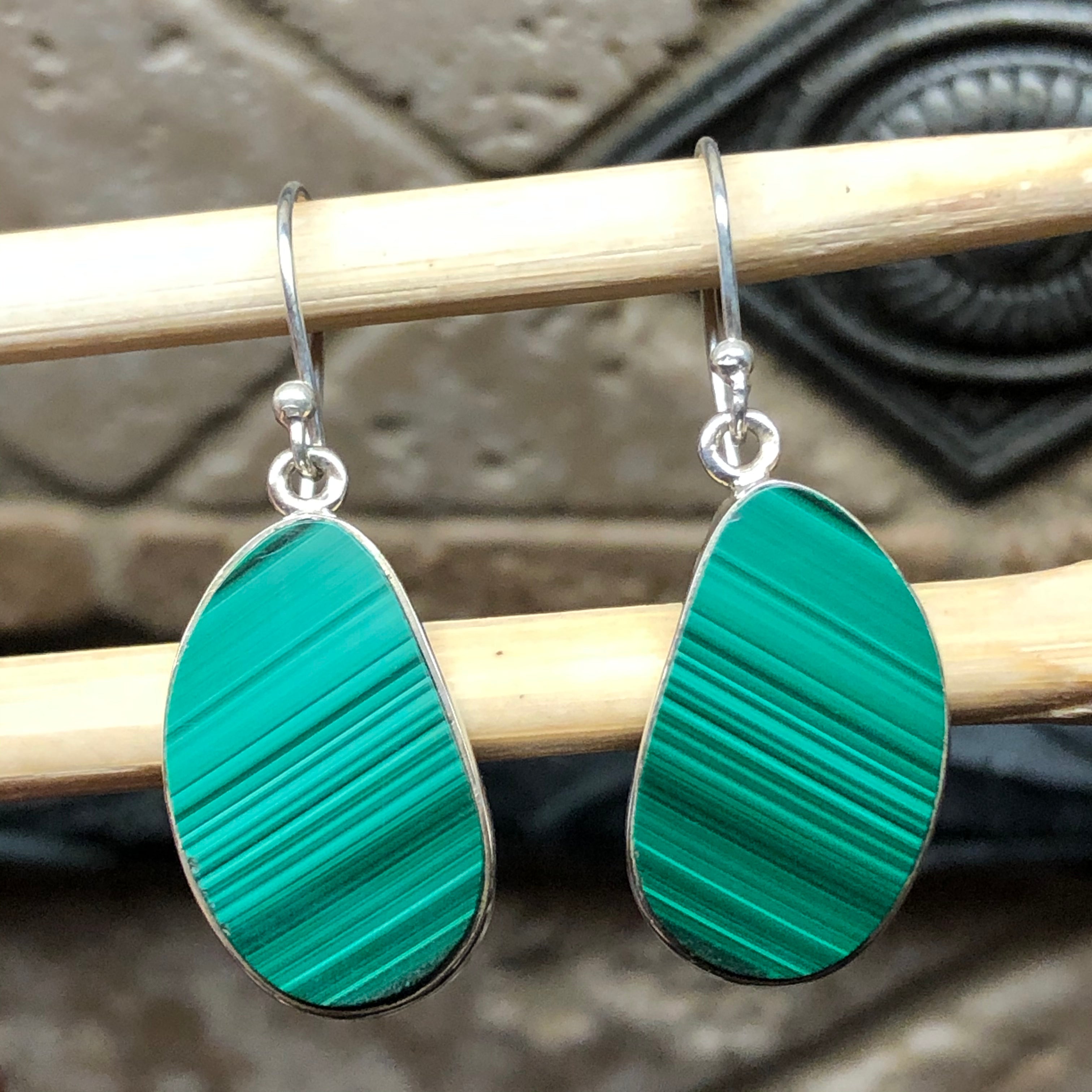 Natural Malachite 925 Solid Sterling Silver Earrings 35mm - Natural Rocks by Kala