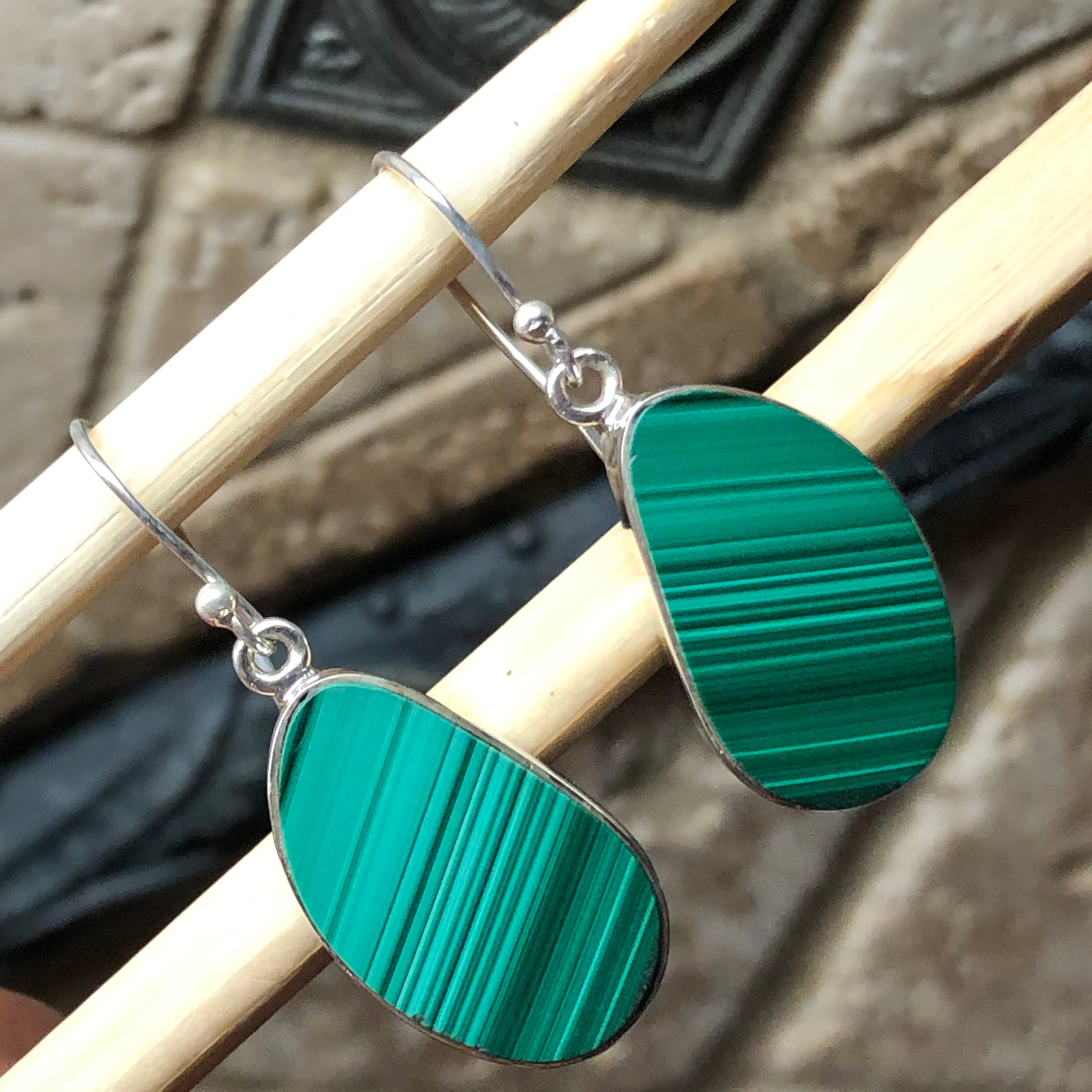 Natural Malachite 925 Solid Sterling Silver Earrings 35mm - Natural Rocks by Kala