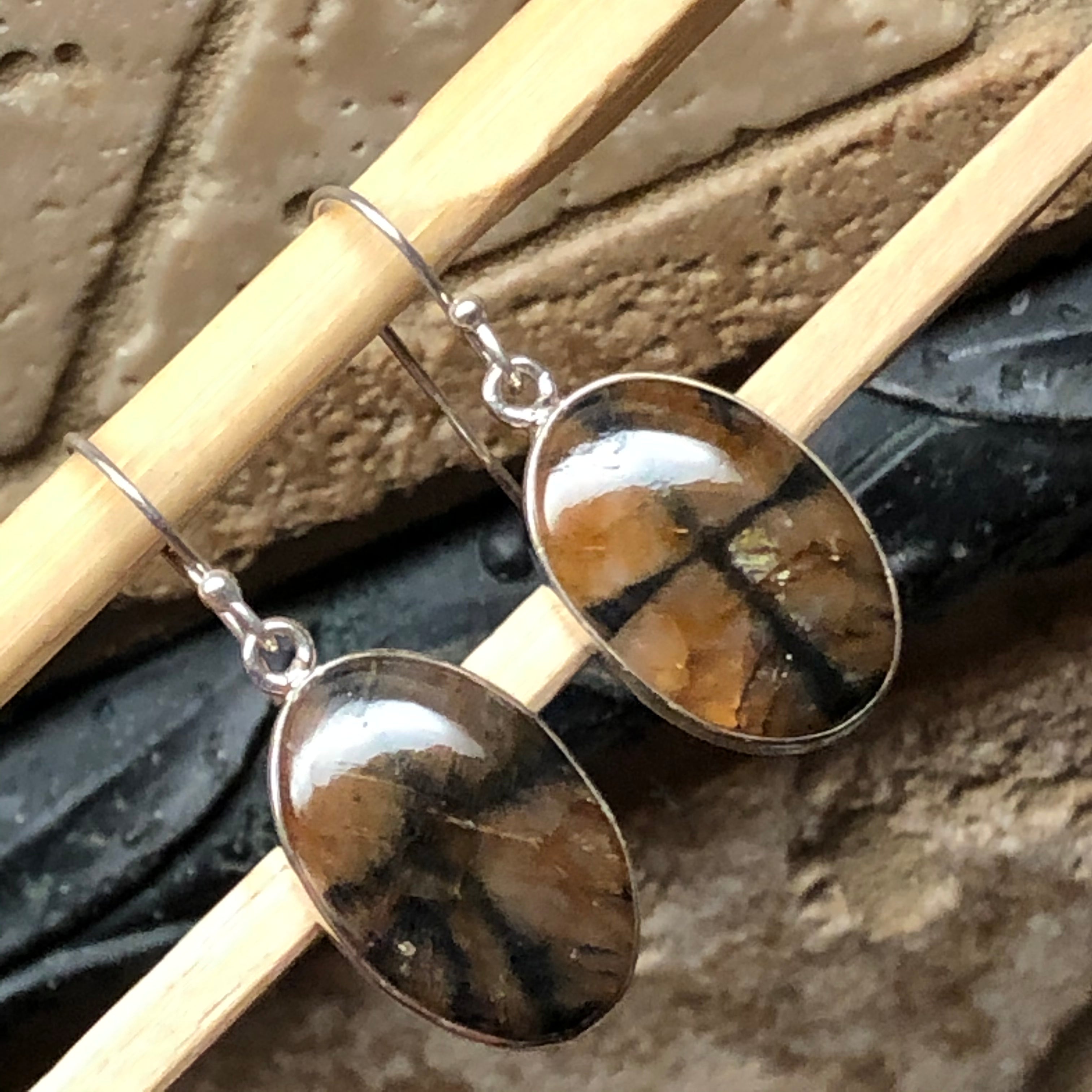 Natural Chiastolite 925 Solid Sterling Silver Earrings 40mm - Natural Rocks by Kala