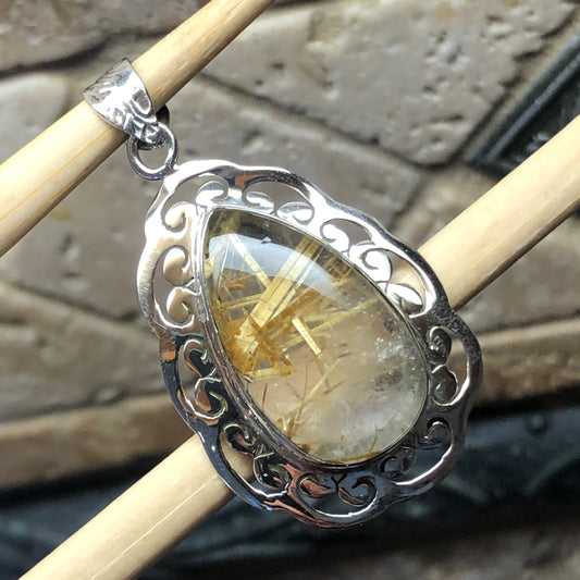 Genuine Golden Rutilated Quartz 925 Solid Sterling Silver Pendant 45mm - Natural Rocks by Kala