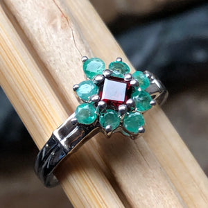 Natural Green Emerald, Pyrope Garnet 925 Sterling Silver Engagement Ring Size 6, 7, 8, 9 - Natural Rocks by Kala