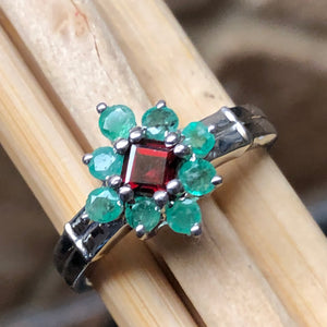 Natural Green Emerald, Pyrope Garnet 925 Sterling Silver Engagement Ring Size 6, 7, 8, 9 - Natural Rocks by Kala