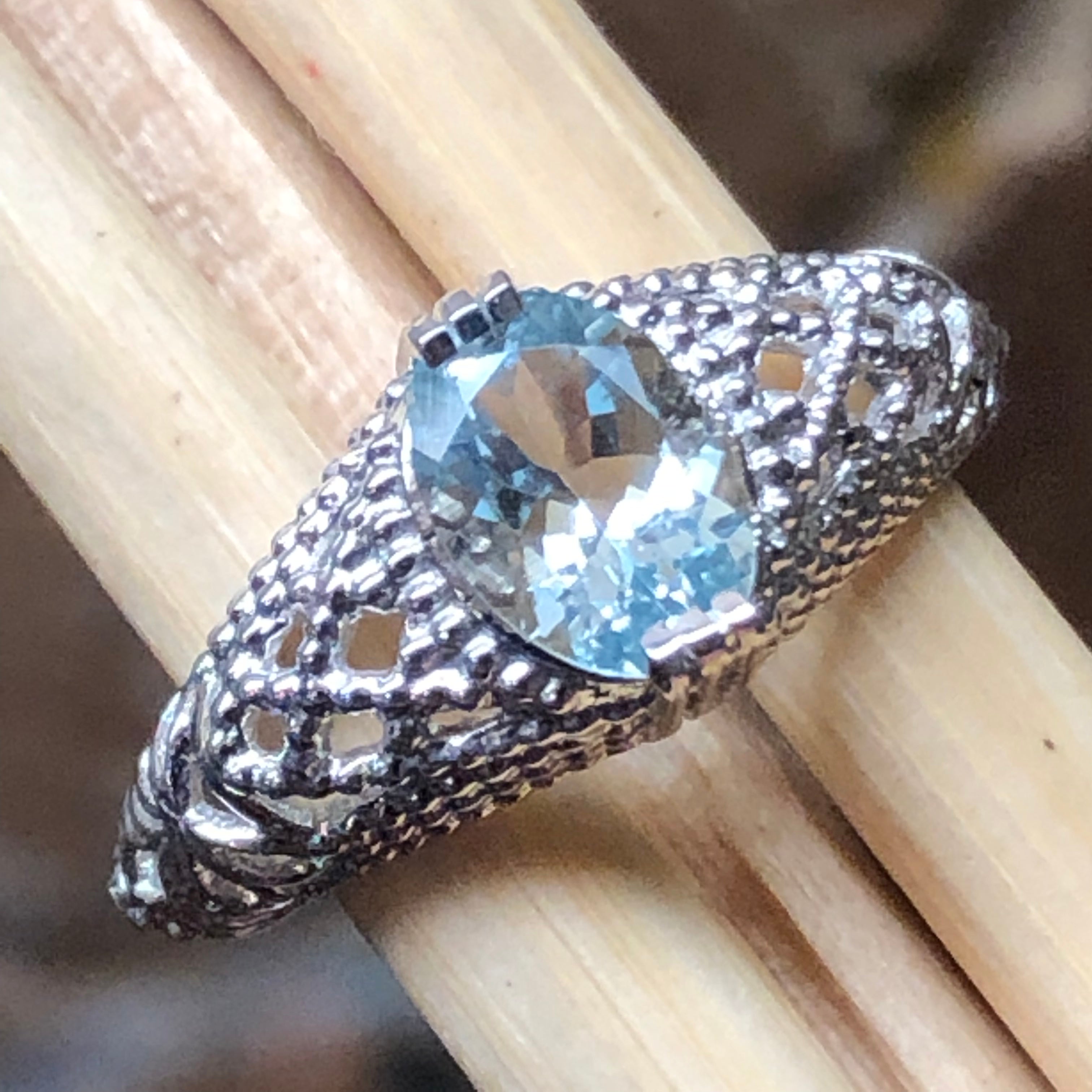 Natural 1.25ct Blue Aquamarine 925 Solid Sterling Silver Engagement Ring Size 6, 7, 8, 9 - Natural Rocks by Kala