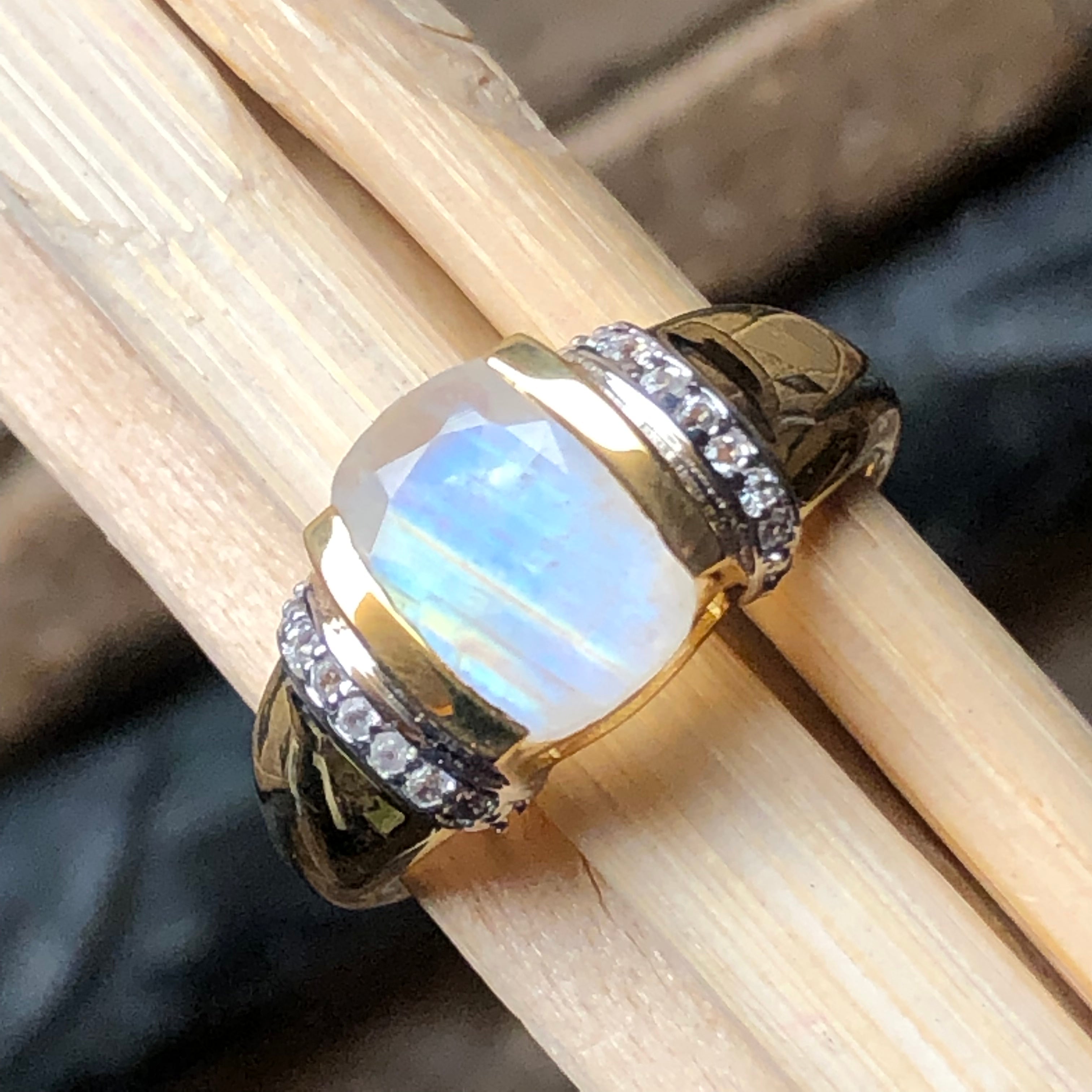 Natural Rainbow Moonstone 14k Gold Over 925 Sterling Silver Engagement Ring Size 6, 7, 8, 9, 10 - Natural Rocks by Kala