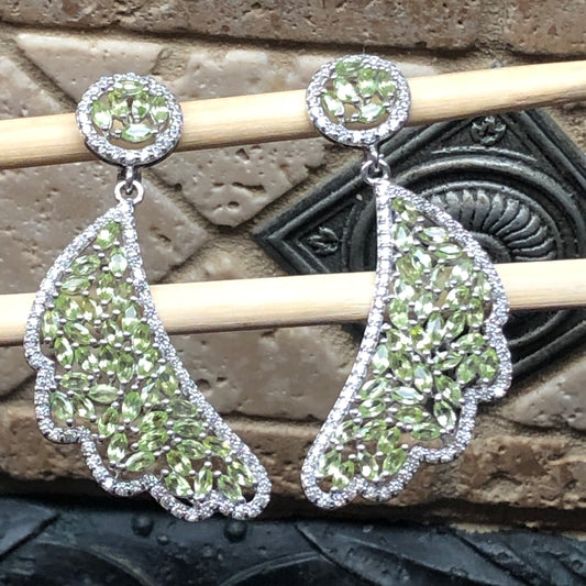 Genuine 40ct Green Peridot, White Sapphire 925 Solid Sterling Silver Earrings 60mm - Natural Rocks by Kala