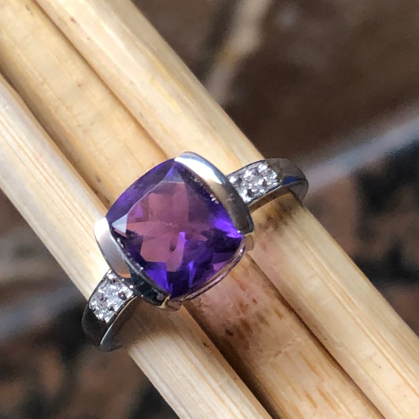 Natural 2ct Purple Amethyst, White Topaz 925 Solid Sterling Silver Engagement Ring Size 6, 7, 8, 9 - Natural Rocks by Kala