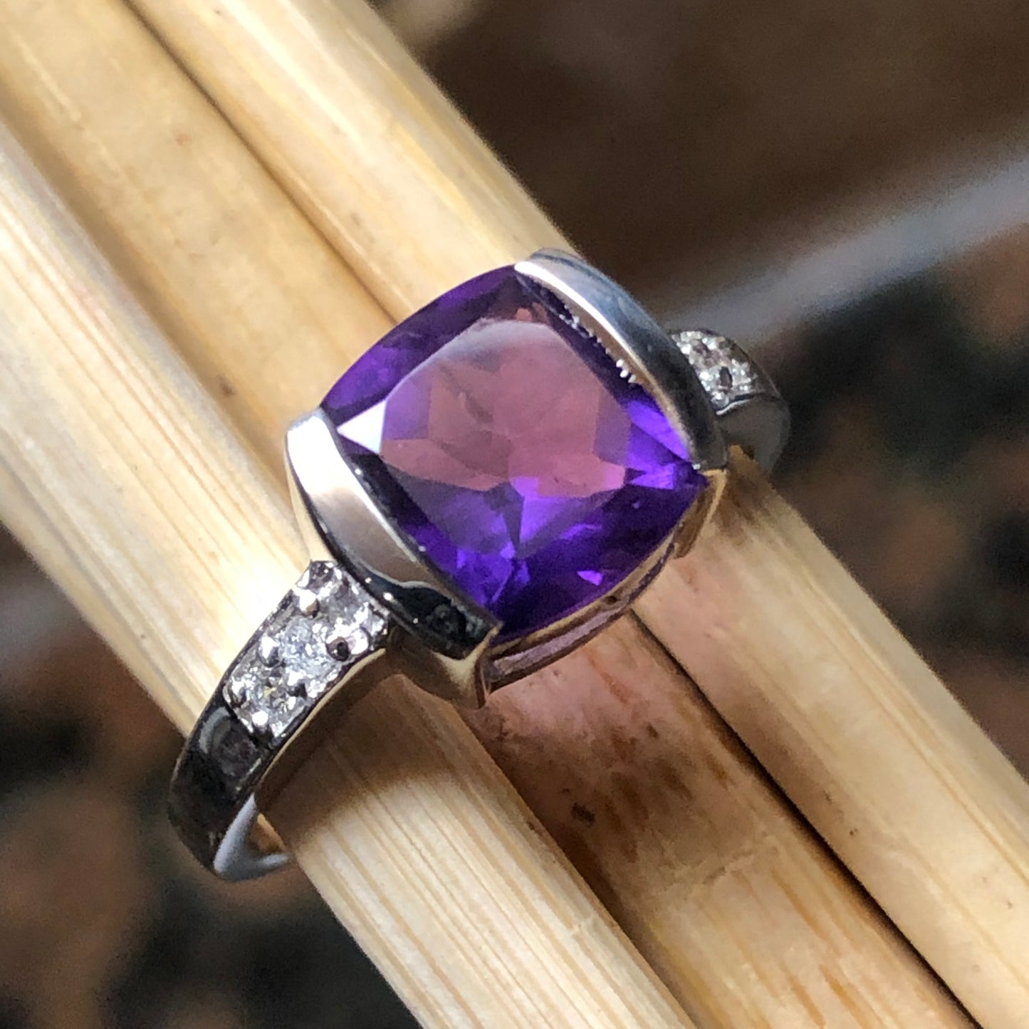 Natural 2ct Purple Amethyst, White Topaz 925 Solid Sterling Silver Engagement Ring Size 6, 7, 8, 9 - Natural Rocks by Kala