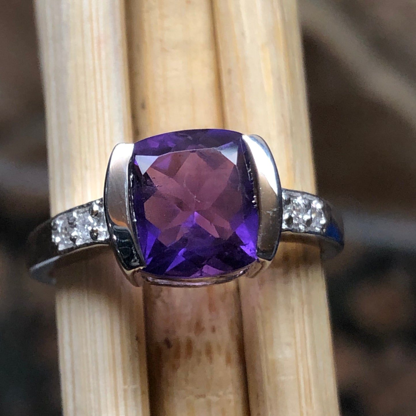 Natural 2ct Purple Amethyst, White Topaz 925 Solid Sterling Silver Engagement Ring Size 6, 7, 8, 9 - Natural Rocks by Kala