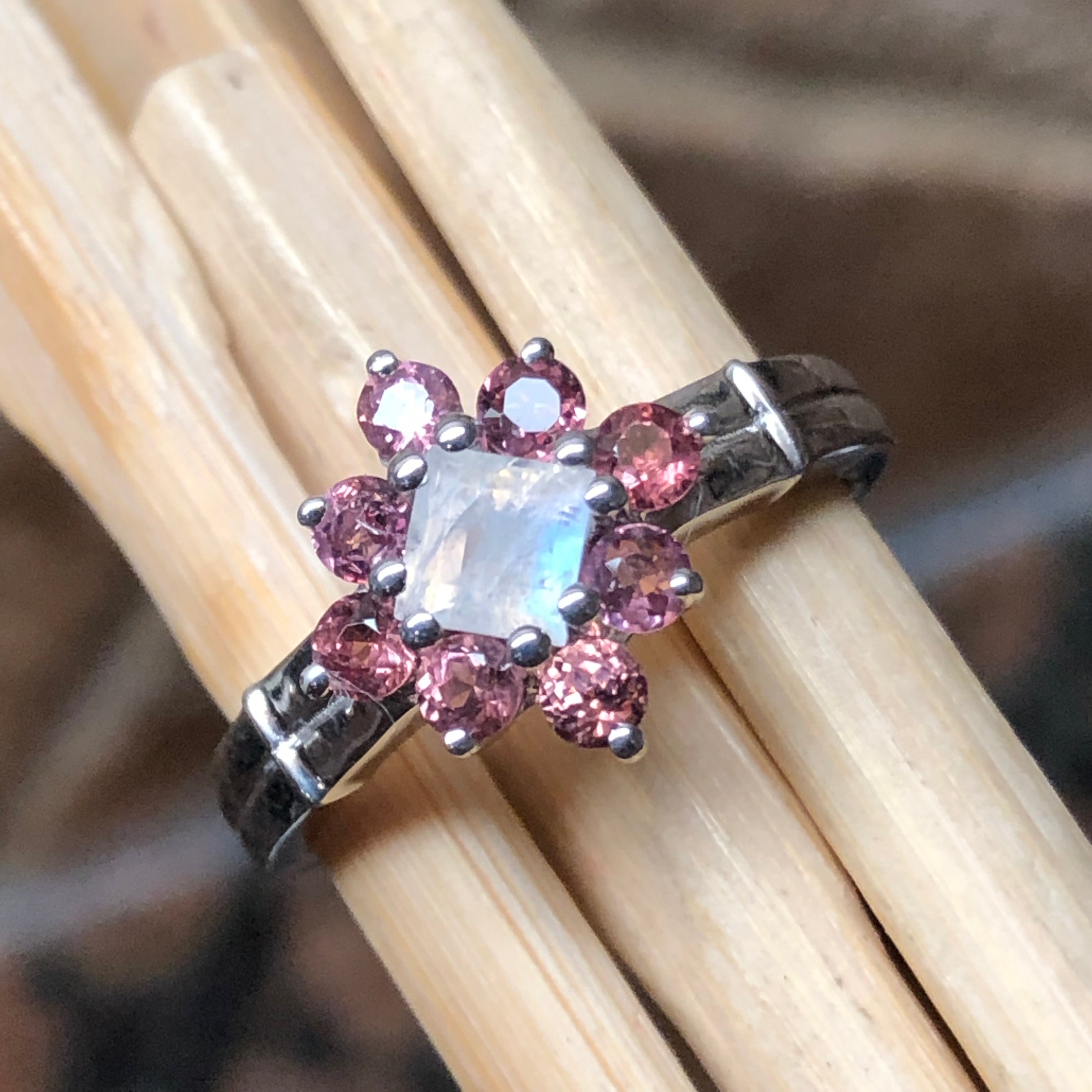 Natural 1ct Rainbow Moonstone, Rhodolite Garnet 925 Sterling Silver Engagement Ring Size 5, 6, 7, 8, 9 - Natural Rocks by Kala