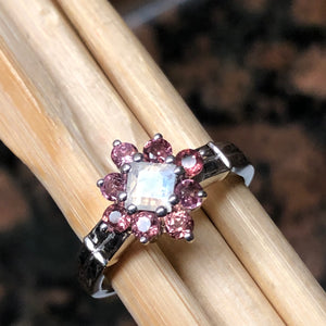 Natural 1ct Rainbow Moonstone, Rhodolite Garnet 925 Sterling Silver Engagement Ring Size 5, 6, 7, 8, 9 - Natural Rocks by Kala