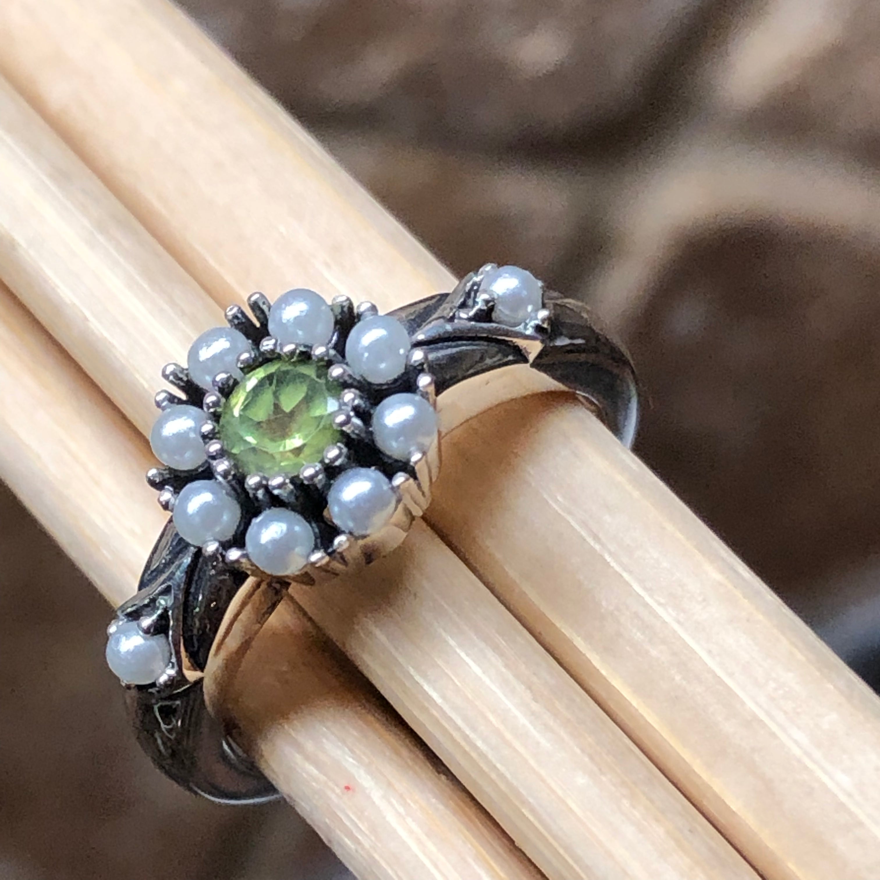 Natural Peridot, Freshwater Cultured Pearl 925 Sterling Silver Engagement Ring Size 5, 6, 7, 8, 9 - Natural Rocks by Kala