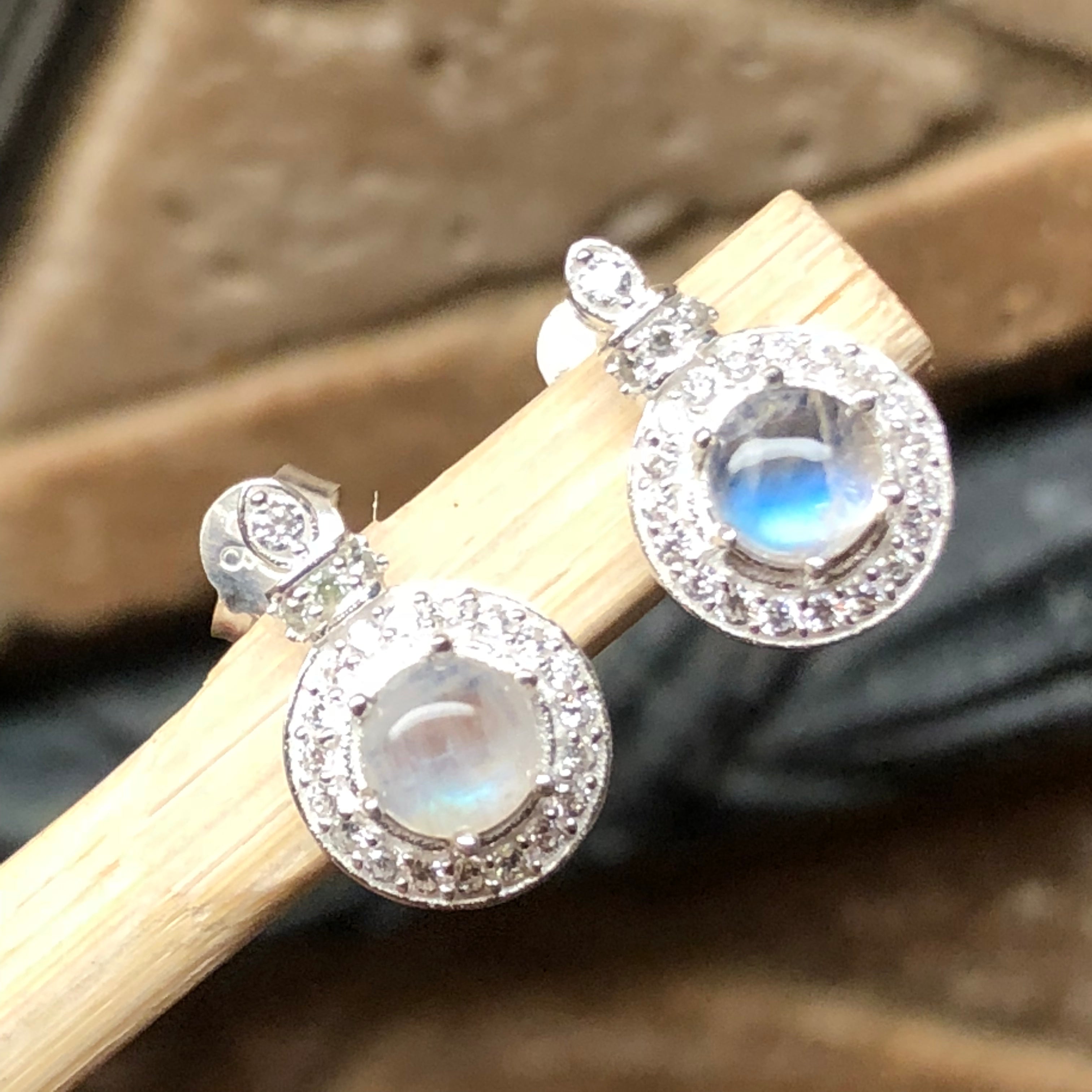 Natural Rainbow Moonstone, White Sapphire 925 Solid Sterling Silver Earrings 14mm - Natural Rocks by Kala