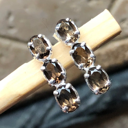 Genuine 2.25ct Smoky Topaz 925 Solid Sterling Silver Earrings 15mm - Natural Rocks by Kala