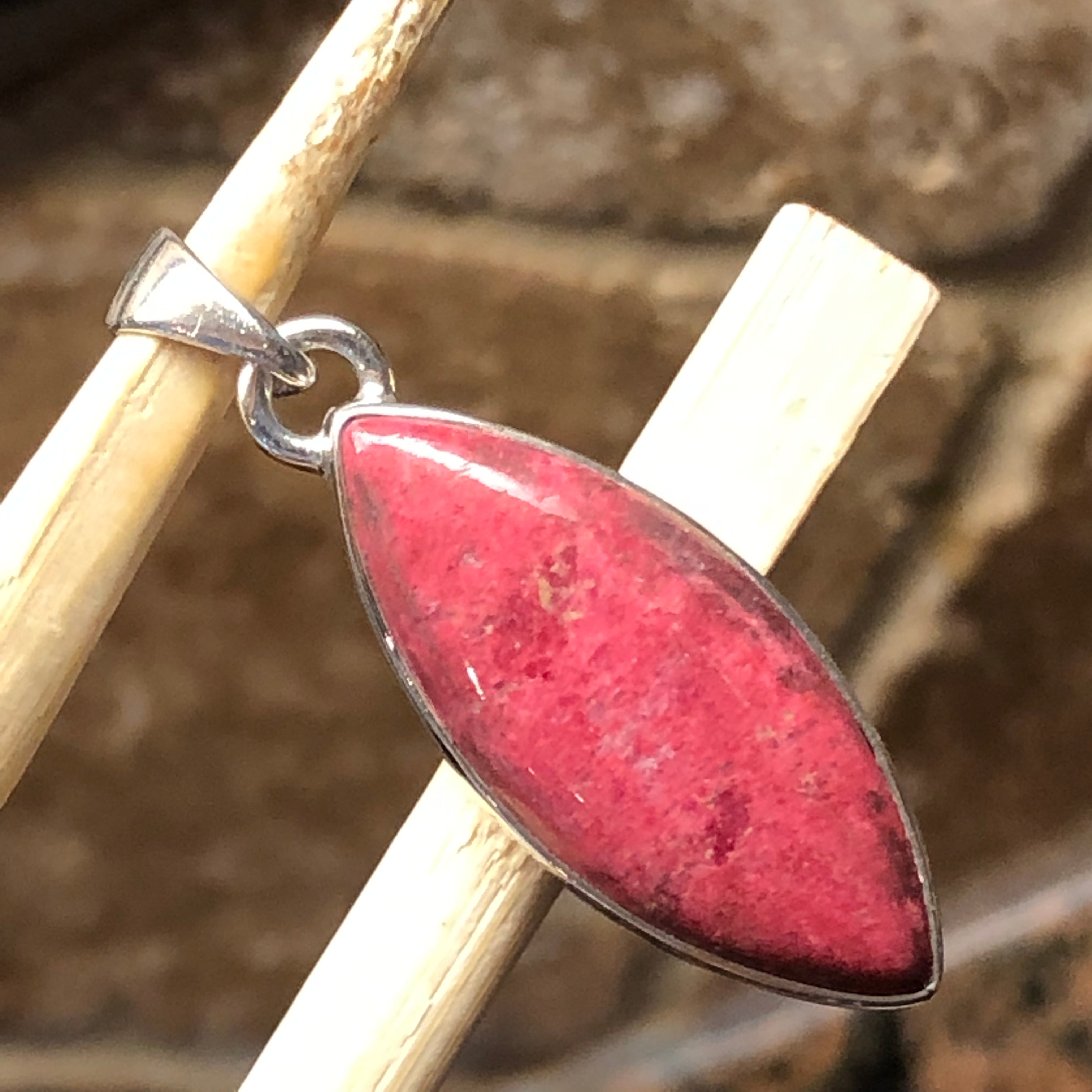 Genuine Pink Thulite 925 Solid Sterling Silver Marquise Pendant 40mm - Natural Rocks by Kala