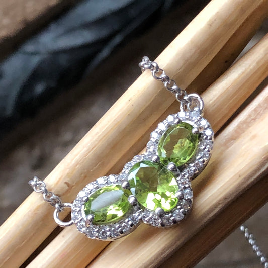 Natural 3.5ct Apple Green Peridot, White Sapphire 925 Solid Sterling Silver Pendant Necklace 18" - Natural Rocks by Kala