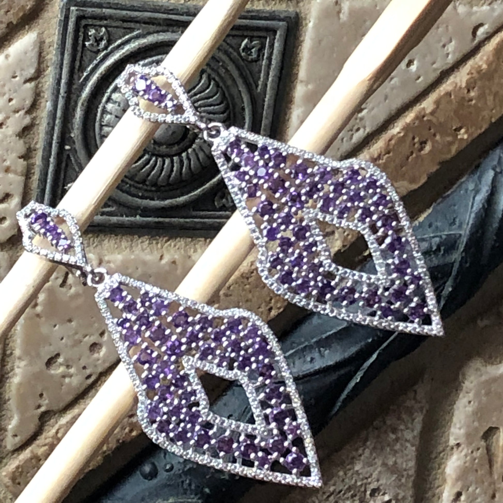 Natural 30ct Purple Amethyst, White Sapphire 925 Solid Sterling Silver Earrings 65mm - Natural Rocks by Kala