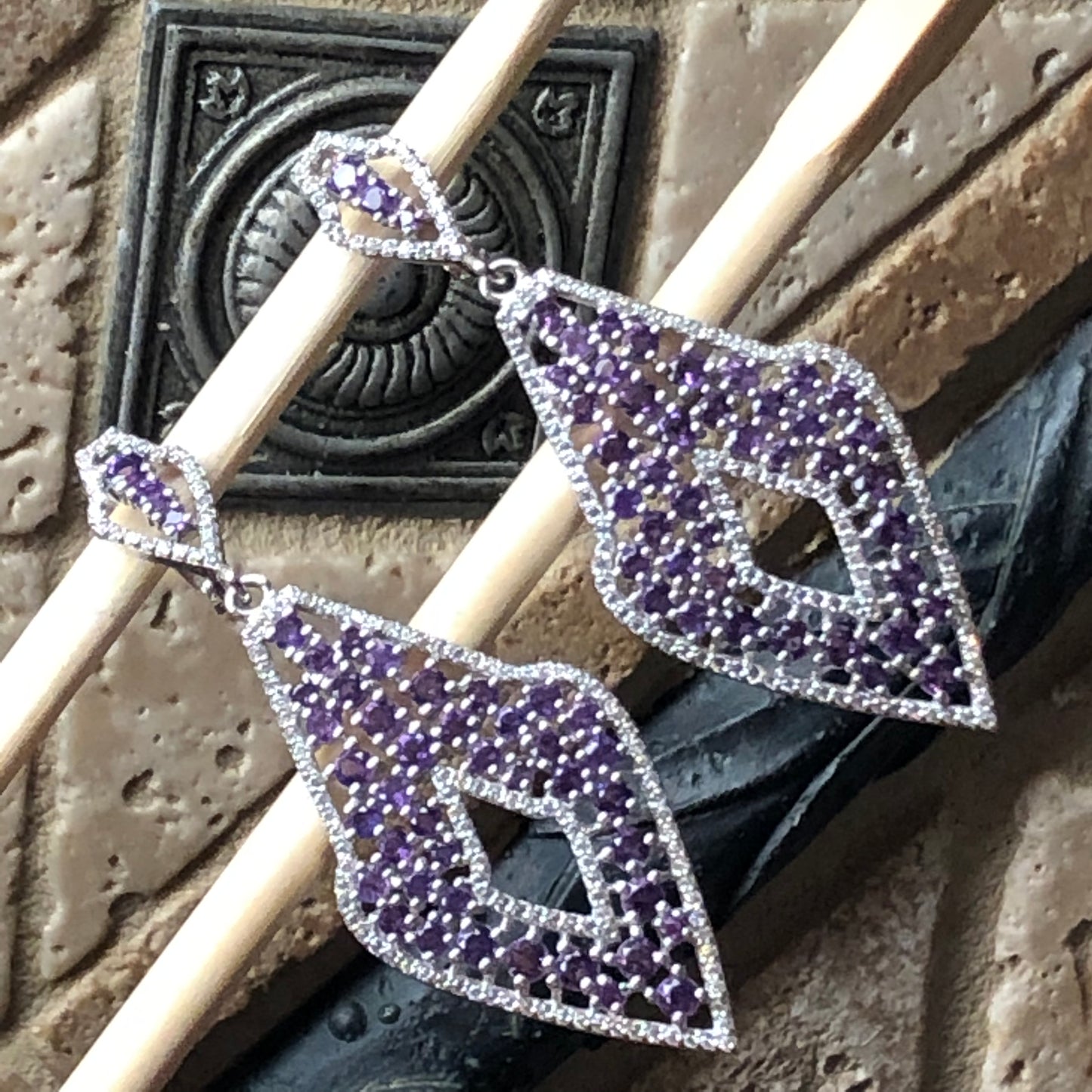Natural 30ct Purple Amethyst, White Sapphire 925 Solid Sterling Silver Earrings 65mm - Natural Rocks by Kala