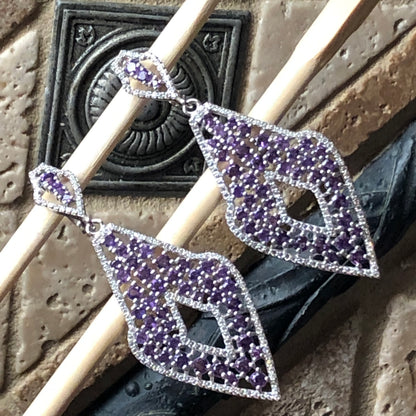 Natural 30ct Purple Amethyst, White Sapphire 925 Solid Sterling Silver Earrings 65mm - Natural Rocks by Kala
