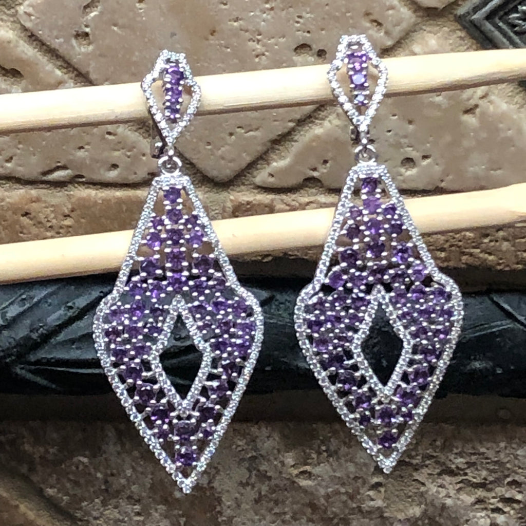Natural 30ct Purple Amethyst, White Sapphire 925 Solid Sterling Silver Earrings 65mm - Natural Rocks by Kala