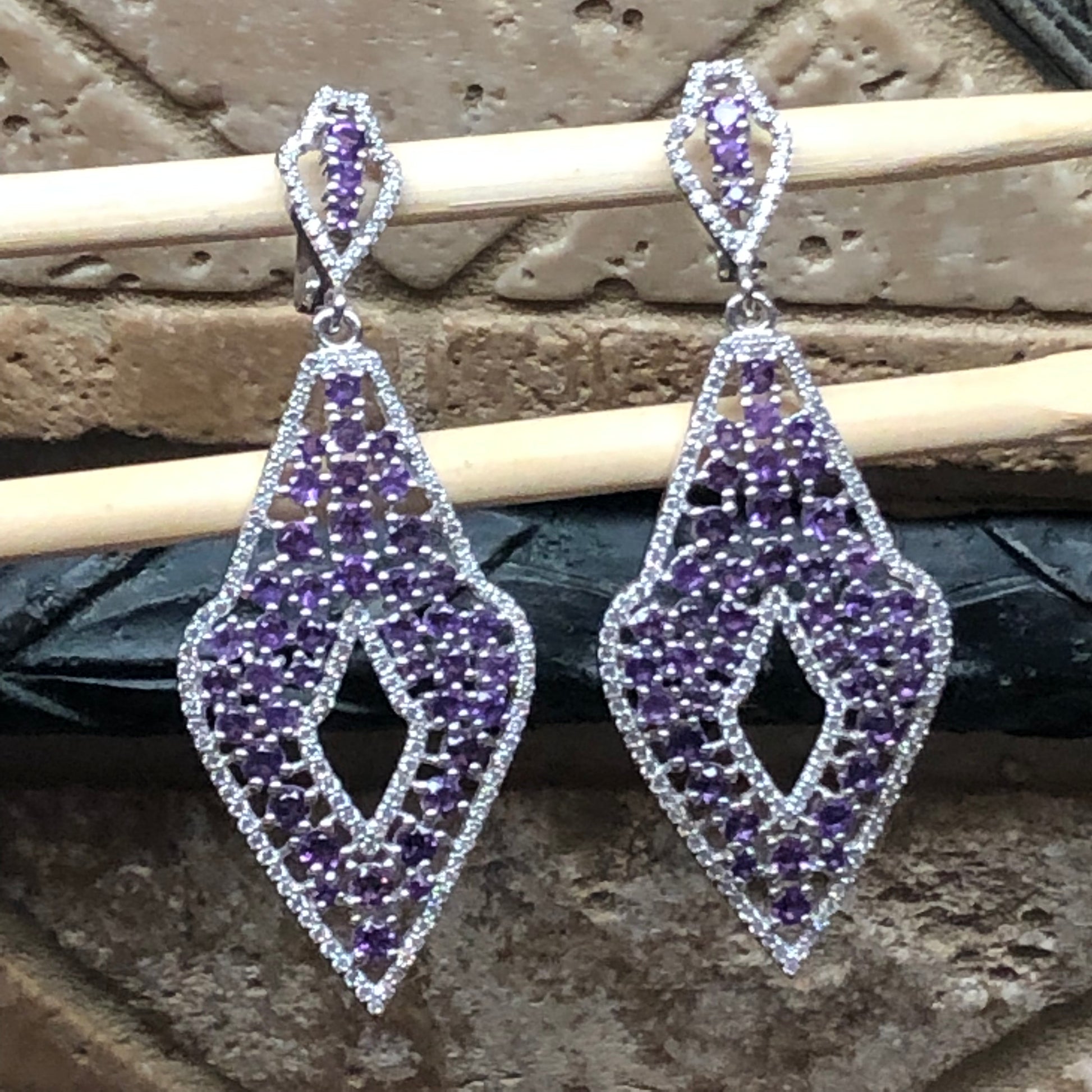 Natural 30ct Purple Amethyst, White Sapphire 925 Solid Sterling Silver Earrings 65mm - Natural Rocks by Kala