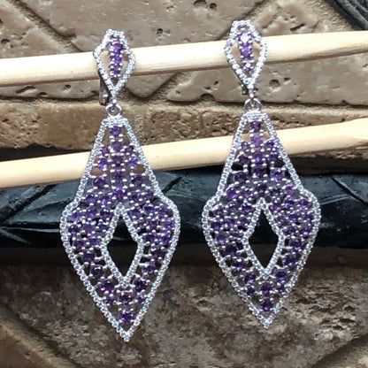 Natural 30ct Purple Amethyst, White Sapphire 925 Solid Sterling Silver Earrings 65mm - Natural Rocks by Kala