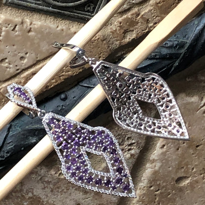 Natural 30ct Purple Amethyst, White Sapphire 925 Solid Sterling Silver Earrings 65mm - Natural Rocks by Kala