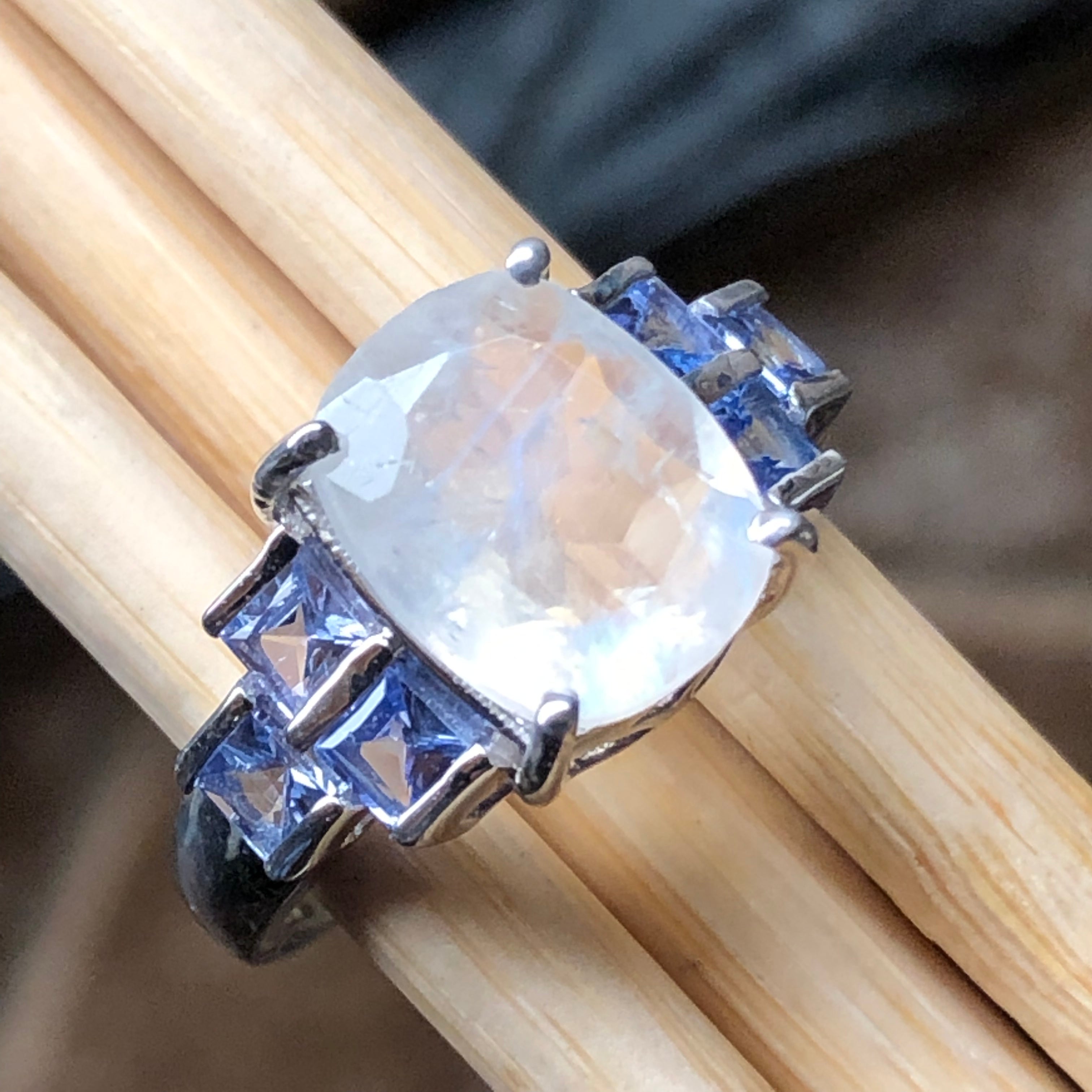Genuine Rainbow Moonstone, Blue Tanzanite 925 Solid Sterling Silver Ring Size 6, 7, 8, 9 - Natural Rocks by Kala