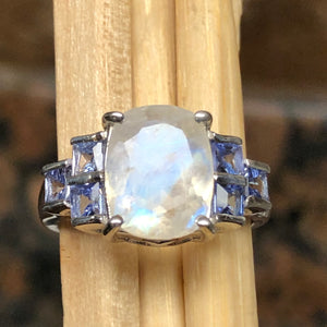 Genuine Rainbow Moonstone, Blue Tanzanite 925 Solid Sterling Silver Ring Size 6, 7, 8, 9 - Natural Rocks by Kala