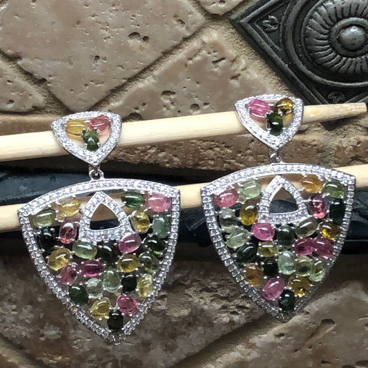 Natural Multicolor Tourmaline 925 Solid Sterling Silver Earrings 60mm - Natural Rocks by Kala