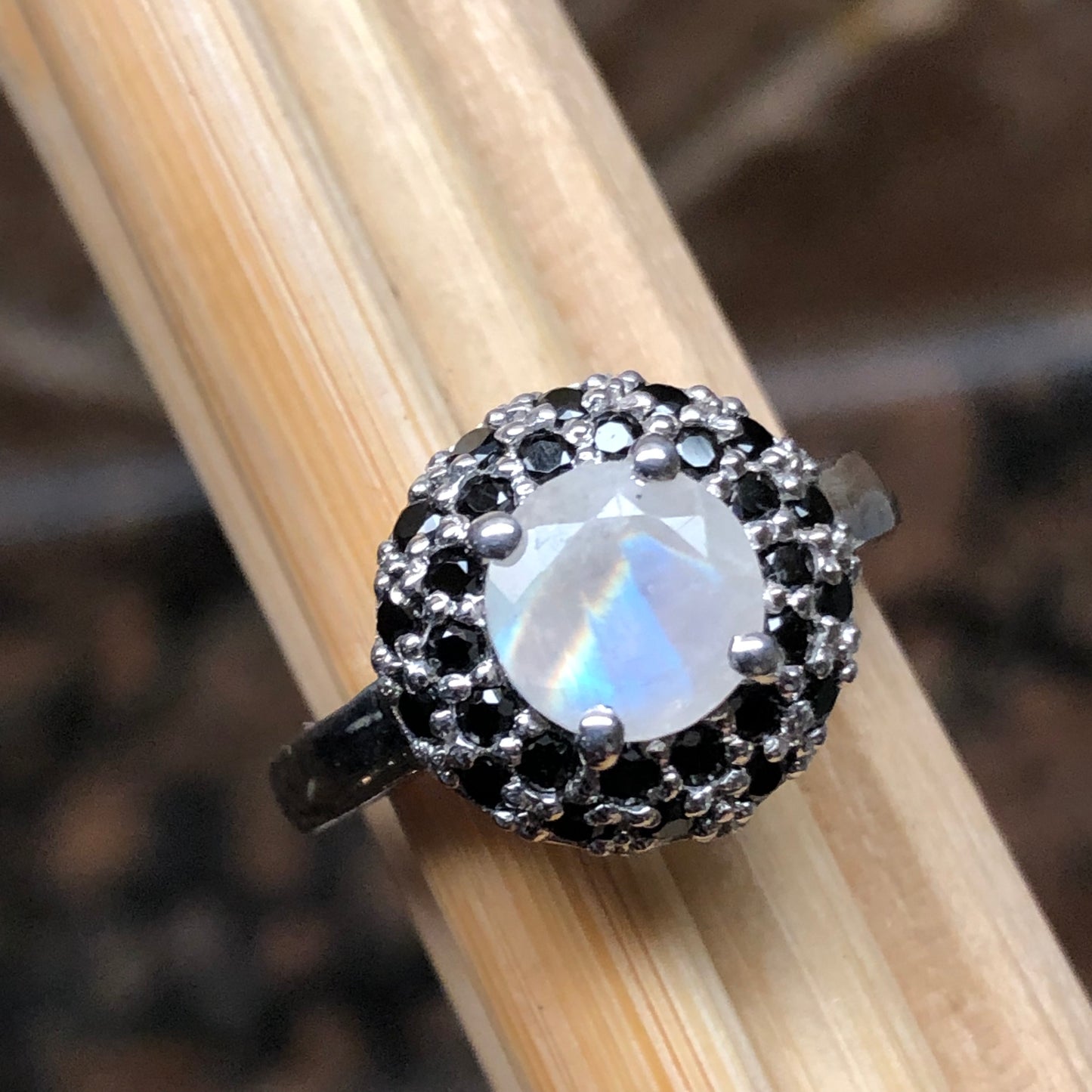 Natural Rainbow Moonstone, Spinel 925 Sterling Silver Engagement Ring Size 6, 7, 8, 9 - Natural Rocks by Kala