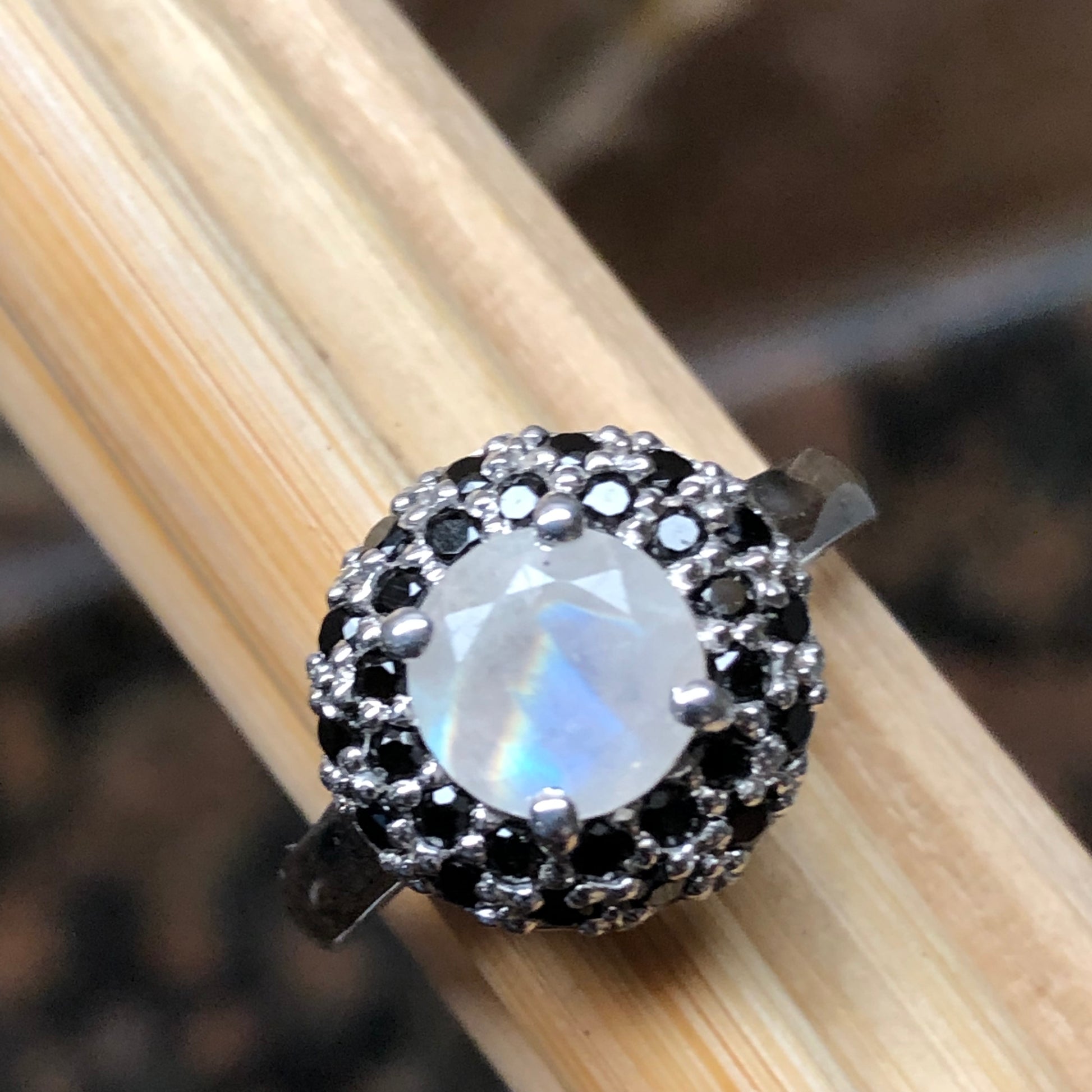 Natural Rainbow Moonstone, Spinel 925 Sterling Silver Engagement Ring Size 6, 7, 8, 9 - Natural Rocks by Kala