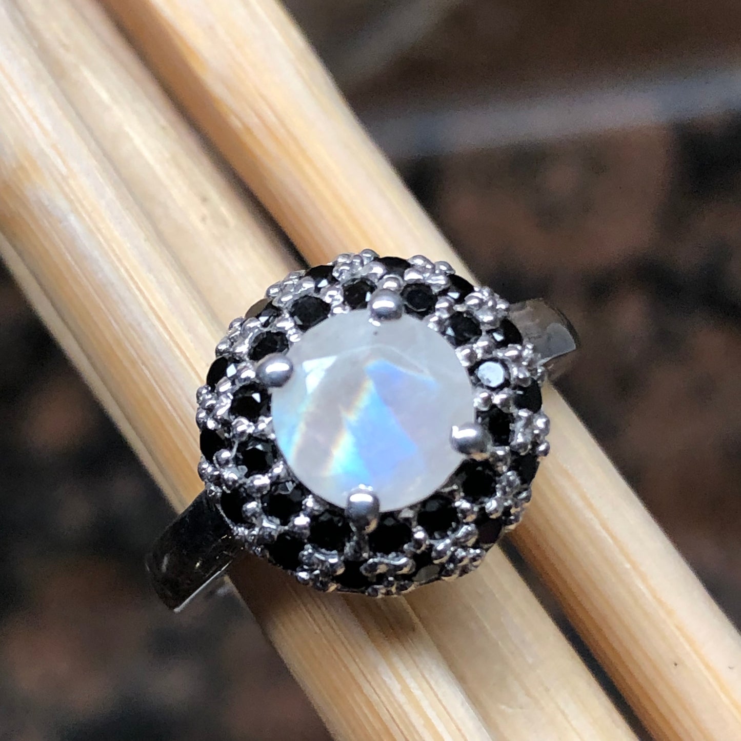 Natural Rainbow Moonstone, Spinel 925 Sterling Silver Engagement Ring Size 6, 7, 8, 9 - Natural Rocks by Kala