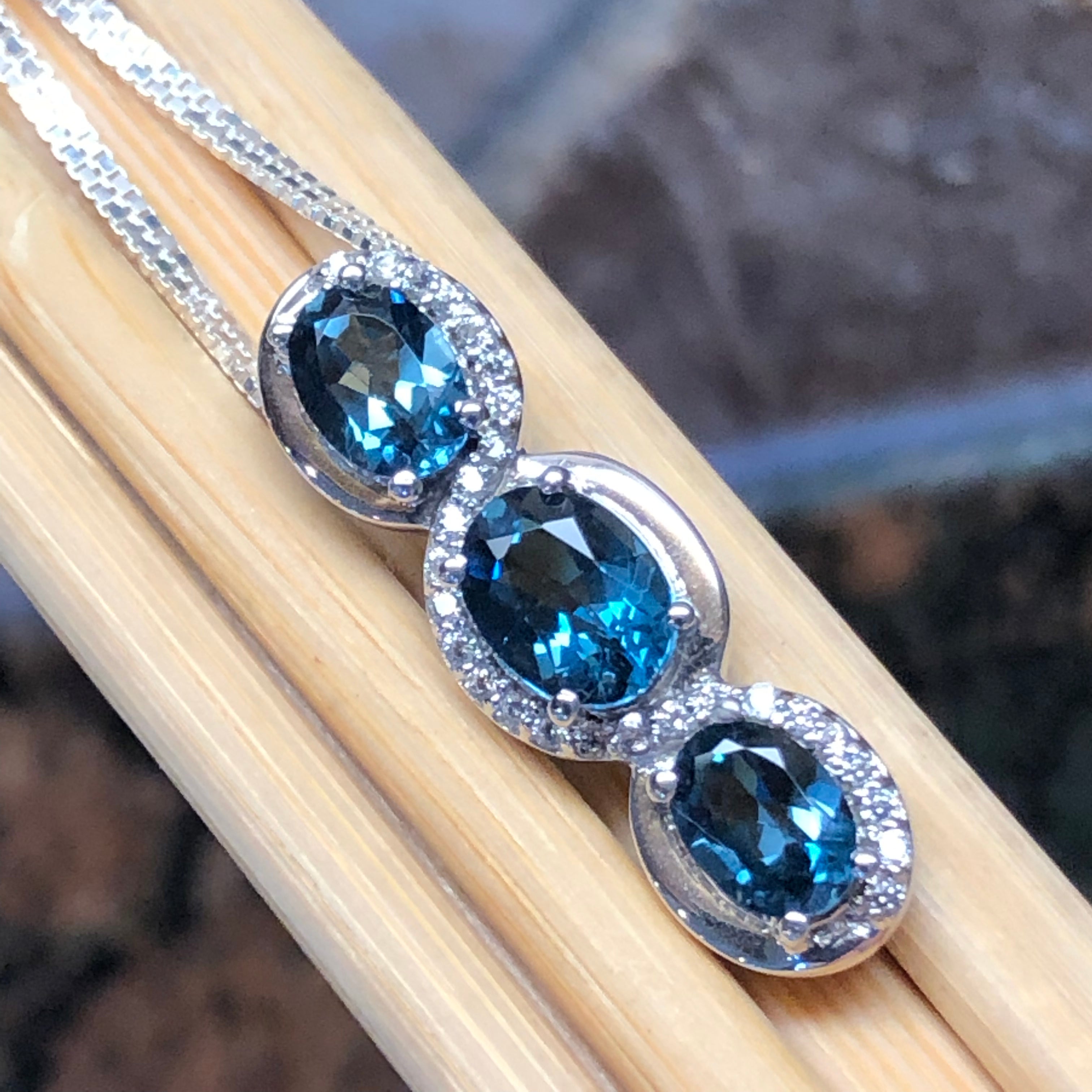 Natural 5ct London Blue Topaz, White Sapphire 925 Solid Sterling Silver Pendant Necklace 16" - Natural Rocks by Kala