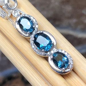 Natural 5ct London Blue Topaz, White Sapphire 925 Solid Sterling Silver Pendant Necklace 16" - Natural Rocks by Kala