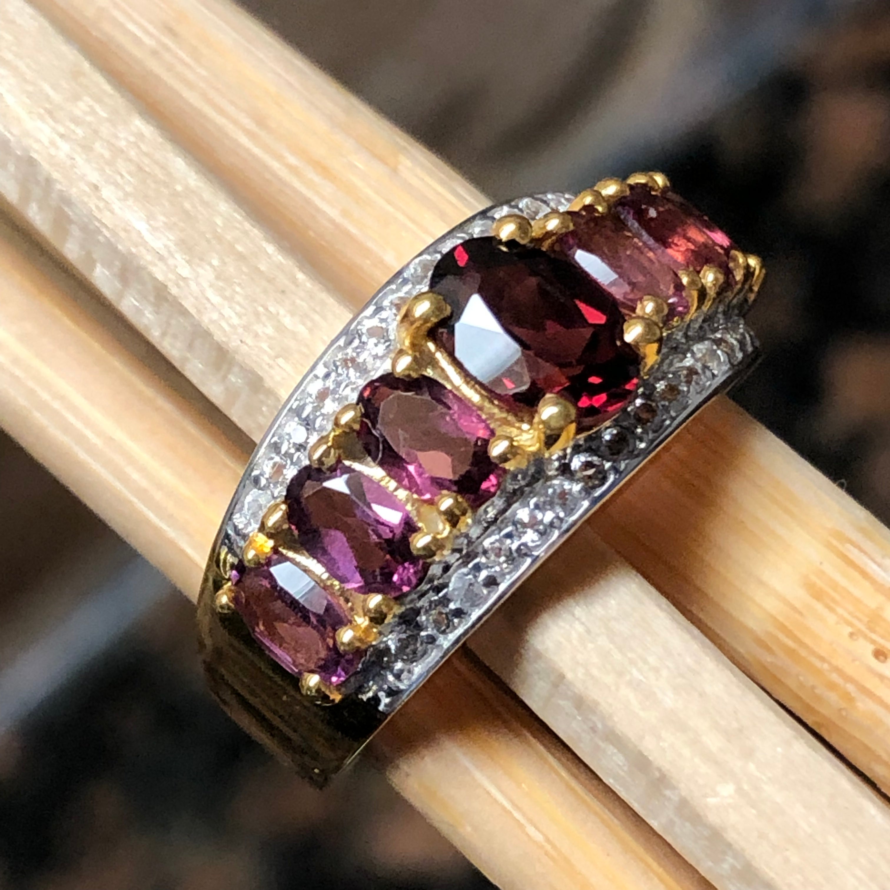 Natural 2.5ct Rhodolite Garnet 14K Yellow Gold Vermeil Sterling Silver Ring Size 6, 7, 8, 9 - Natural Rocks by Kala