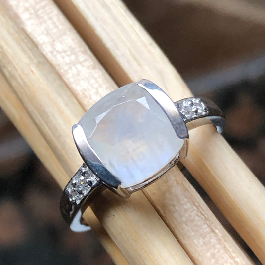 Natural Rainbow Moonstone, White Topaz 925 Sterling Silver Engagement Ring Size 6, 7, 8, 9 - Natural Rocks by Kala