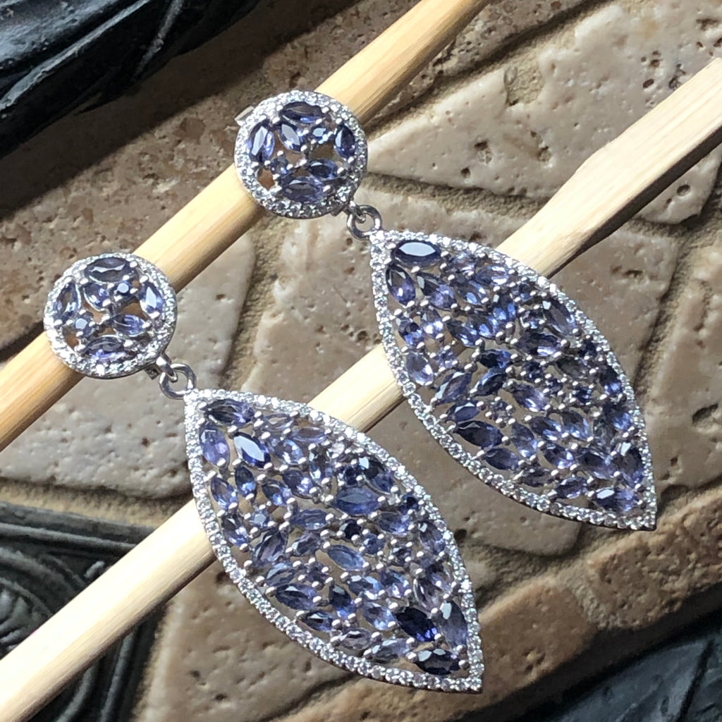 Natural 25ct Iolite, White Sapphire 925 Solid Sterling Silver Earrings 60mm - Natural Rocks by Kala