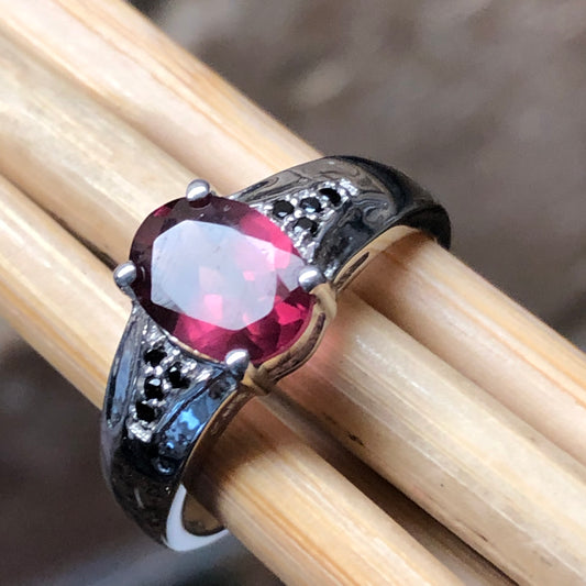 Natural 1ct Rhodolite Garnet, Black Spinel 925 Sterling Silver Engagement Ring Size 6, 7, 8, 9 - Natural Rocks by Kala