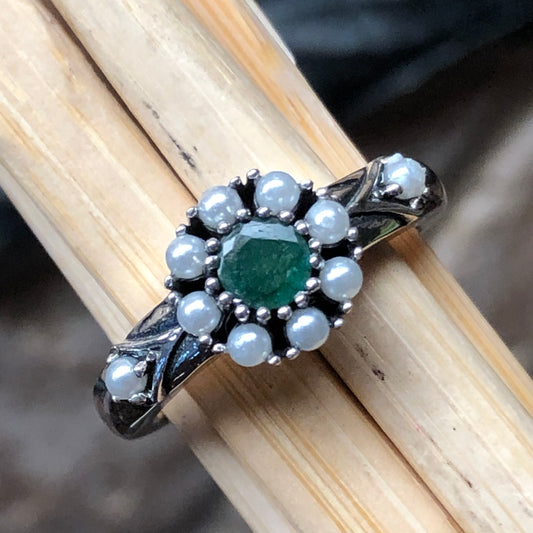 Natural Green Emerald, Freshwater Cultured Pearl 925 Sterling Silver Engagement Ring Size 6, 7, 8, 9 - Natural Rocks by Kala