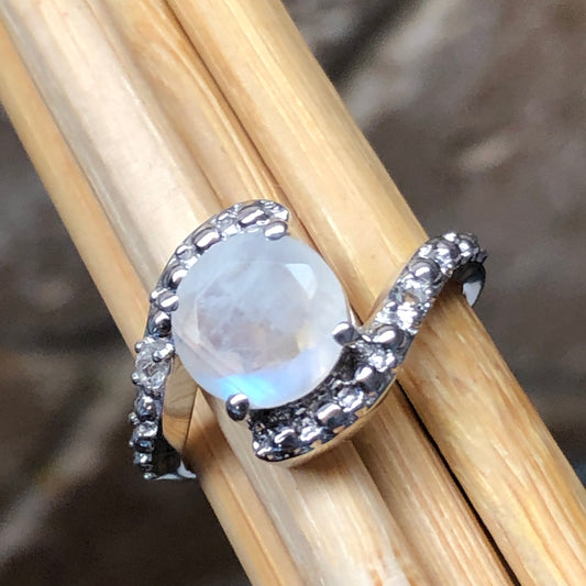 Natural Rainbow Moonstone, White Topaz 925 Sterling Silver Engagement Ring Size 6, 7, 8, 9 - Natural Rocks by Kala