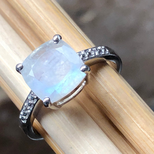 Natural Rainbow Moonstone, White Topaz 925 Sterling Silver Engagement Ring Size 6, 7, 8, 9 - Natural Rocks by Kala