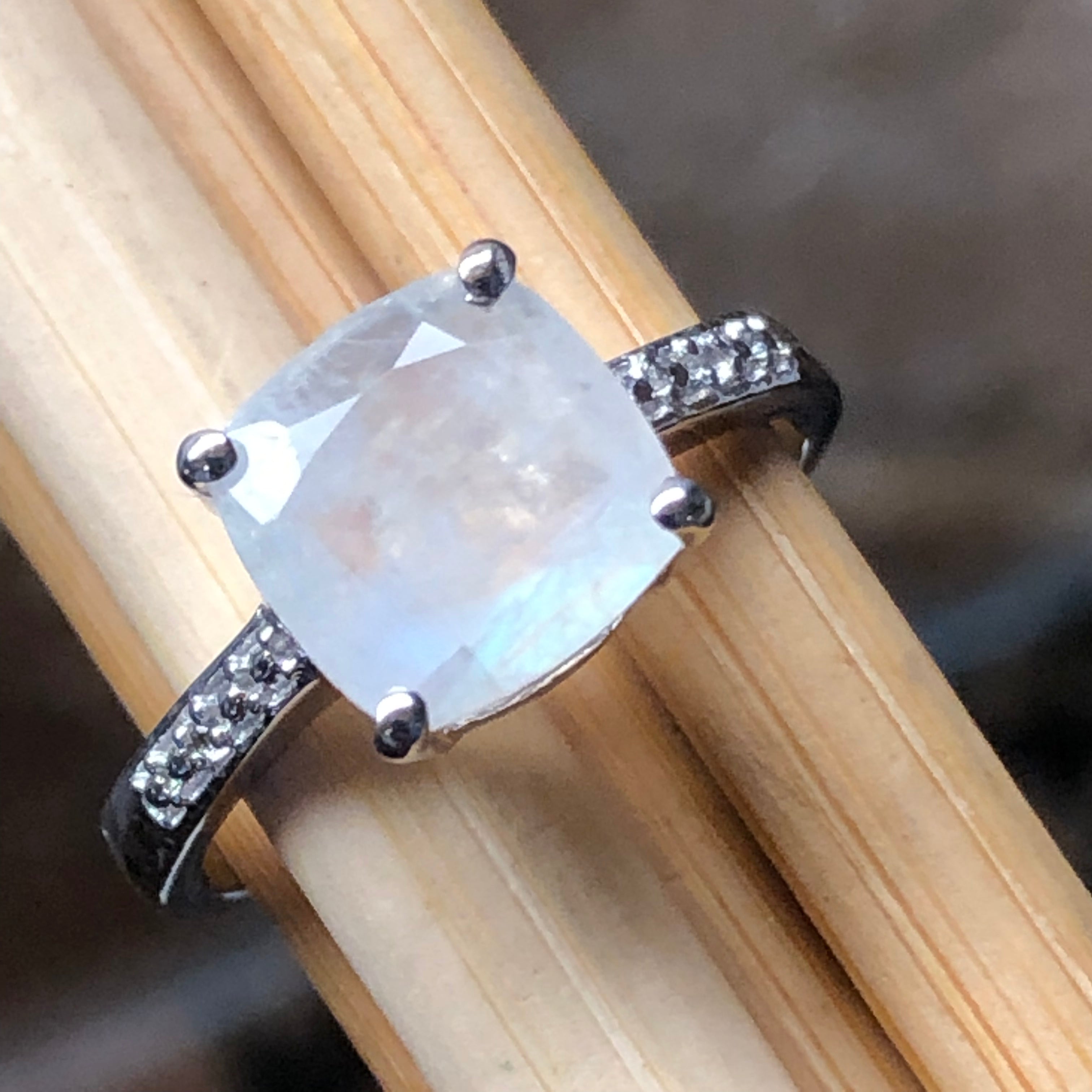 Natural Rainbow Moonstone, White Topaz 925 Sterling Silver Engagement Ring Size 6, 7, 8, 9 - Natural Rocks by Kala